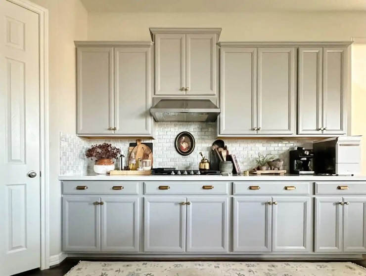 Ceiling High Gray Cabinets in Spacious Large Kitchen