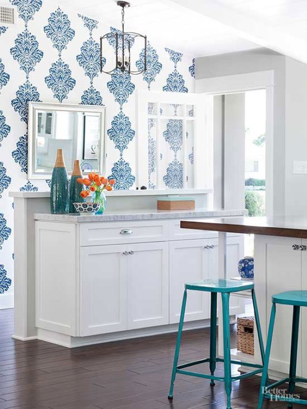 Blue and White Patterned Wall Paper