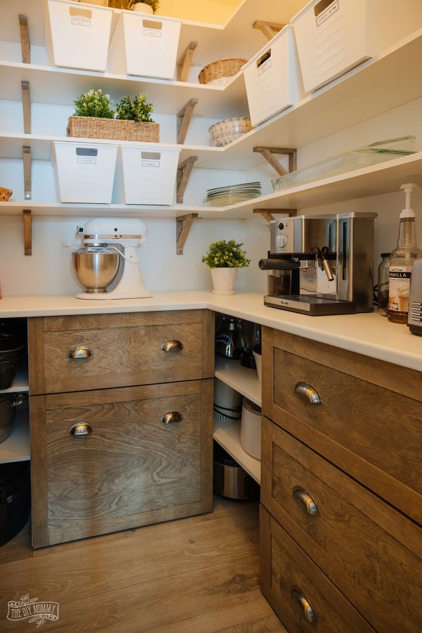 Wood Pantry with Added Shelves and Organized Baskets