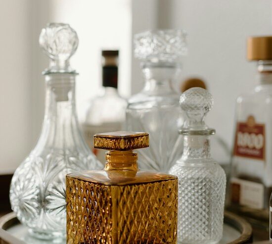 bottles on a bar cart