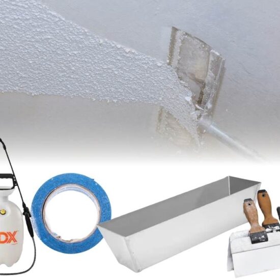 scraper removing popcorn ceiling texture with images of required tools overlaid