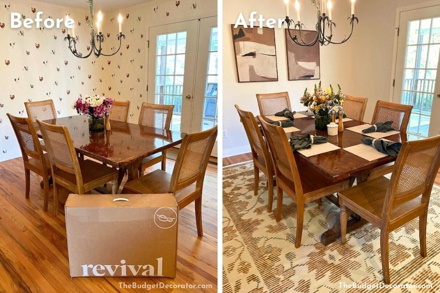 side by side comparison of before and after renovating the dining room and adding our new rug